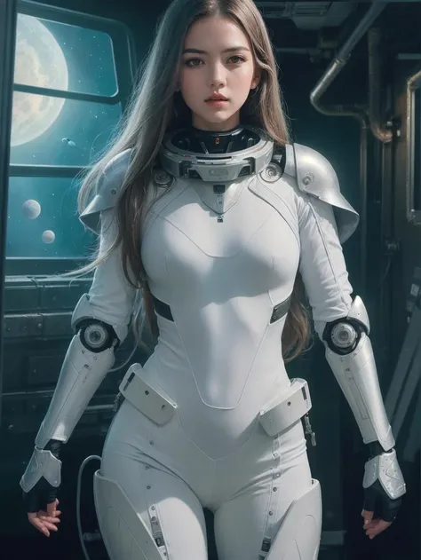 (RAW photo, 4k, masterpiece, high res, extremely intricate) (photorealistic:1.4), cinematic lighting 1girl, solo focus, summer noon, hot, 1990s \(style\),cowboy shot,indoors,the upper part of the body, masterpiece, best quality, masterpiece,best quality,official art,extremely detailed CG unity 8k wallpaper, beautiful detailed eyes, artbook, photo, real, realistic, futuristic knight, (silver, long hair), mecha girl, mechanical parts, space station, Expressive Hues, Vibrant Palette,B lack and white clothes, <lora:more_details:0.5> <lora:mecha_offset:1>