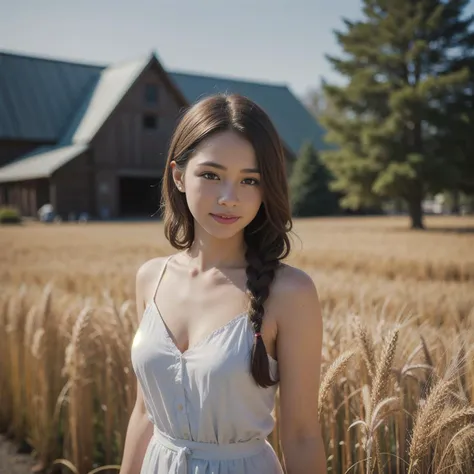 1girl,((stu_nednaree)), with braided hair, standing in a rustic farm setting. She has a soft, gentle smile and expressive eyes. The background features a charming barn, (fields of golden wheat), and a clear blue sky. The composition should be bathed in the warm, golden hour light, with a gentle depth of field and soft bokeh to accentuate the pastoral serenity. Capture the image as if it were taken on an old-school 35mm film for added charm, filmg