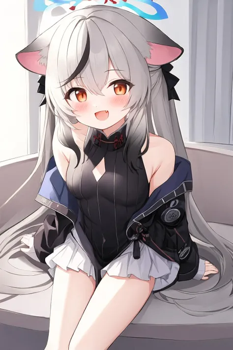 masterpiece, best quality, 1girl, solo, animal_ears, long_hair, sitting, dress, halo, looking_at_viewer, breasts, multicolored_hair, sitting, smile, streaked_hair, black_dress, small_breasts, jacket, brown_eyes, very_long_hair, blush, striped_dress, open_mouth, black_jacket, fang, grey_hair, barefoot, off_shoulder, striped, covered_navel, bangs, black_hair, :d, clothing_cutout, hair_between_eyes, tiger_ears, black_socks, open_clothes, sleeveless, vertical-striped_dress, open_jacket, sleeveless_dress, animal_ear_fluff, vertical_stripes, tiger_girl, skirt, white_skirt, long_sleeves,
<lora:chunyuan:1> <lora:clearcolor_v1.7_lbw:1> <lora:clearloli_v1.1_lbw:0.36>