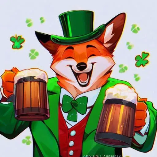 CelticFox,<lora:CelticFox:1>,score_9, score_8_up, score_7_up, score_6_up,solo,smile,open mouth,simple background,hat,white background,holding,animal ears,tail,closed eyes,cup,no humans,sparkle,watermark,holding cup,facing viewer,furry,alcohol,top hat,mug,green headwear,beer,coin,beer mug,clover,four-leaf clover,barrel,saint patrick day style
