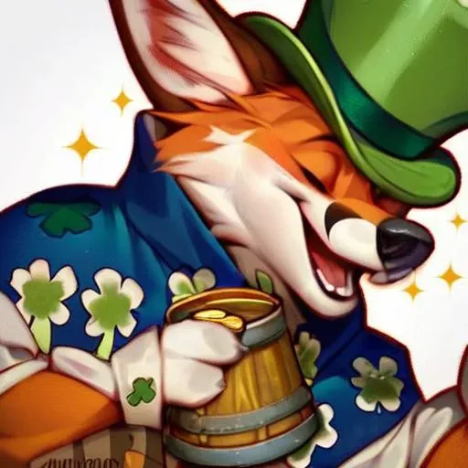 CelticFox,<lora:CelticFox:1>,score_9, score_8_up, score_7_up, score_6_up,solo,smile,open mouth,simple background,hat,white background,holding,animal ears,tail,closed eyes,cup,no humans,sparkle,watermark,holding cup,facing viewer,furry,alcohol,top hat,mug,green headwear,beer,coin,beer mug,clover,four-leaf clover,barrel,saint patrick day style