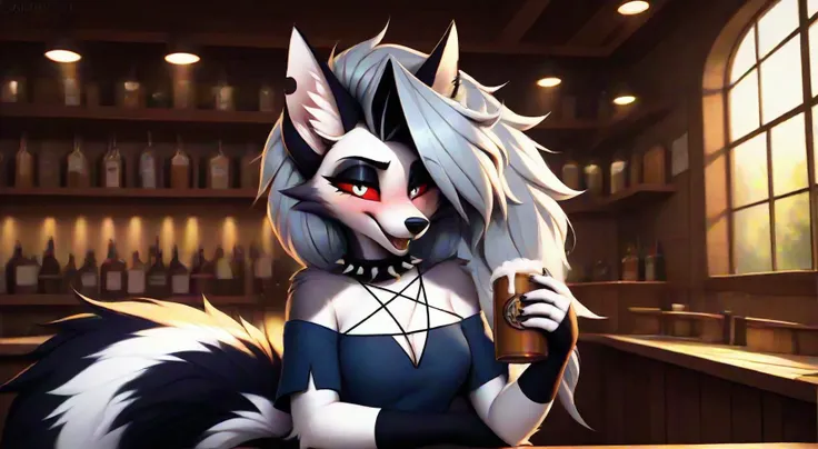 by kenket, by totesfleisch8, (by thebigslick, by silverfox5213:0.8), (by syuro:0.2), an all white wolf, female, purple eyes, white wolf ears, long white hair, long white bangs, hair parted in the middle, cute snout, black nose, wolf tail, wearing black t shirt, black arm warmers, fingerless black gloves, jean shorts, lifting shirt, medium breasts, nipples, indoors, in a cafe, holding a paper cup of coffee, front view, bending over, grinning, pov, handing viewer a single cup of coffee