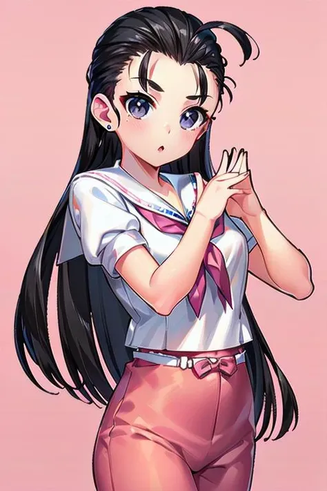 masterpiece, best quality, textured skin, beautiful detailed face, beautiful detailed eyes, beautiful detailed pupils, absurdres, beautiful detailed girl, looking at viewer,
(1girl,solo:2),
<lora:super_oume_otane-04:0.9> (black eyes, hair slicked back, ahoge, black hair, very long hair, white serafuku, school uniform,pink neckerchief,pink pants,white belt,sailor collar,short sleeves:1.5),sandals,