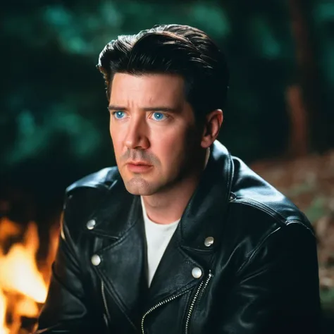 cinematic film still of  <lora:Twin Peaks style:0.5>
 <lora:1990's style:1>
In the 1990's a man in a leather jacket sitting in front of a fire,solo,blue eyes,shirt,black hair,1boy,jacket,upper body,male focus,black jacket,facial hair,fire,looking up,realistic,stubble,leather,leather jacket , realistic, sharp, detailed, classic, 1990's suspense style, film light style, photography, artistic, perfection, contrast, cinematic, filmic, high quality photo,  David Lynch style, Twin Peaks style, shallow depth of field, vignette, highly detailed, high budget, bokeh, cinemascope, moody, epic, gorgeous, film grain, grainy