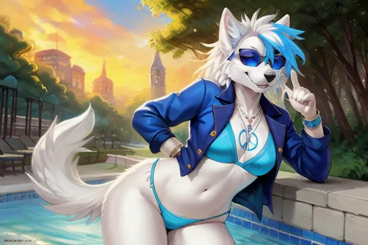 uploaded on e621, by Dagasi, by Frederic Edwin Church, by Tsampikos , by Thomas Kinkade , by Hyacinthe Rigaud,
<lora:Peacewolf:1>, solo female Peacewolf, furry arctic white wolf, a cartoon wolf with a blue peace sign on it's chest and a white tail, white hair, white fringe with light blue streak, clear blue eyes, white sclera, canine, wearing (((blue and silver wristband and jewelry and silver bikini))), ((short ponytail)), (((silver necklace with blue love heart pendant))), (detailed Chunie anthro white wolf), (peace symbol geature), (detailed Johnfoxart lighting), (fluffy fur texture), (detailed fur), (detailed breasts), (detailed skin),(seductive pose, dynamic pose:1.3),  ((open black and blue jacket)), (((sunglasses))), BREAK,
(cinematic lighting), [detailed ambient light], [detailed face and eyes], (standing at hotel suite outdoor swimming pool with plant on sunny day),
((looking at viewer)), convention center background, lake with ducks, walk path, (front view), [genital focus], ((half body shadow)), backlighting, crepuscular ray,
[gray natural lighting], [ambient light on the belly], [higher body and limbs detail],
[realistic proportions], [explict content], [sharp focus], (questionable content), (shaded), ((masterpiece))
