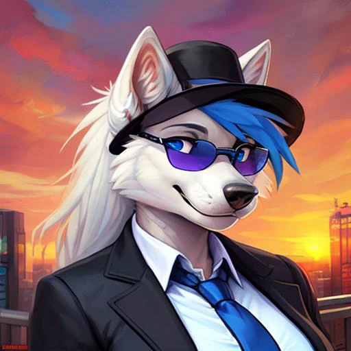 uploaded on e621, by Kenket, by Dave Dorman, by Jenny Saville , by Richard Dadd , by Lewdzure,
solo female Peacewolf, anthro furry arctic white wolf,  <lora:Peacewolf:0.7>, a cartoon wolf with a white ponytail, blue ear peircing, <long white fringe with light blue and violet streak:0.4>, (((wearing black fedora with blue stripe))), ((aviators)), ((sunglasses)), (curvy), (seductive, confident) smile, clear blue eyes, dark scelera, canine, ((half-length portrait)), BREAK,
(detailed Arnold Franz Brasz fluffy white wolf), (detailed Bonifasko lighting), (detailed fur), (black suit jacket, light blue shirt, blue tie) (detailed skin), BREAK,
((urban city at sunset)), (cinematic lighting), ((detailed background)), <lora:gta5ArtworkDiffusion_v1:0.3>
(((front view))), (half body shadow),
[backlighting], [crepuscular ray], [detailed ambient light], [gray natural lighting], [ambient light on the belly], [higher breasts detail], [non-mammal_breasts],
[realistic proportions], [explict content], [sharp focus], (questionable content), (shaded), ((masterpiece)), BREA