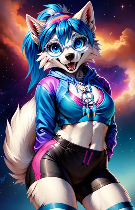 best quality, masterpiece, peacewolfblue, pwboutfit, wolf, white fur,space, stars, happy, mouth open, teeth, smile, looking at viewer, honoy hioshiru personalami,tail,pink ears, (head portrait), posing, nebula background, outside,anthro, blue eyes, solo,(hair tuft),pupils, <lora:peacewolfblue-000042:1>, blue-framed eyewear, hair, high ponytail, hairband, hair tie, purple | blue gradient crop top hoodie, purple shoulders, jewelry, blue eyes, anthro, furry, hair glitter, cleavage, underboob, kawaii, cute, young, open mouth, necklace, naval, tight bike shorts, draw string, revealing sports bra, (underboob:1.2), light blue thighhighs