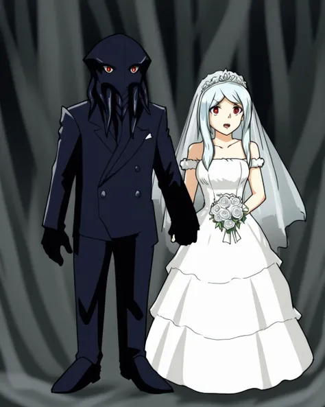 <lora:take_an_oath:0.7>,full body, open mouth, short hair, style parody, official style, wedding dress, red eyes, height difference, big eyes, cthulhu mythos,