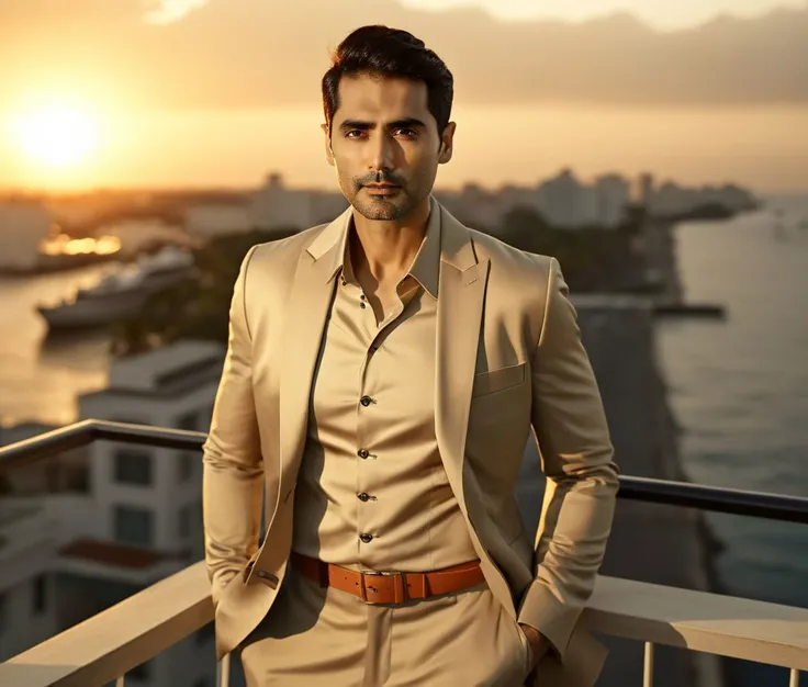 Nautical-themed (Photo:1.3) of (Ultrarealistic:1.3) <lora:Man_Men_FFashion:1> Sendhil Ramamurthy a man <lora:ishwak-singh_Sendhil-Ramamurthy:1> in a tan suit standing on a balcony, sun behind him, inspired by Pablo Munoz Gomez, shot at golden hour, editorial photograph, midshot of a hunky, by Roman Bezpalkiv, by Artur Tarnowski, maxim sukharev, by Gabor Szikszai,Highly Detailed,(Mono Color:1.3) . Sea, ocean, ships, maritime, beach, marine life, highly detailed