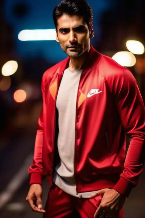 <lora:ishwak-singh_Sendhil-Ramamurthy:0.8> Sendhil Ramamurthy a man, realistic photo in a worn ((red tracksuit)), ((light bokeh)), intricate, (steel metal [rust]), elegant, sharp focus, photo by greg rutkowski, soft lighting, vibrant colors, (masterpiece), ((streets)), (detailed face), looking at viewer, light smile, night, walking towards viewer, cinematic lighting, beautiful lighting, cinematic lighting, (hazy filter, film grain:1.2)