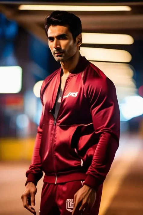 <lora:ishwak-singh_Sendhil-Ramamurthy:0.8> Sendhil Ramamurthy a man, realistic photo in a worn ((red tracksuit)), ((light bokeh)), intricate, (steel metal [rust]), elegant, sharp focus, photo by greg rutkowski, soft lighting, vibrant colors, (masterpiece), ((streets)), (detailed face), looking at viewer, light smile, night, walking towards viewer, cinematic lighting, beautiful lighting, cinematic lighting, (hazy filter, film grain:1.2)