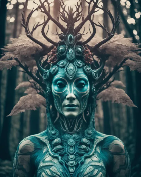 portrait of an enchanting forest deity, alien anatomy, gore and viscera, abstract design, grainy film, Fujifilm, textured skin, highly detailed and intricate, RAW photo