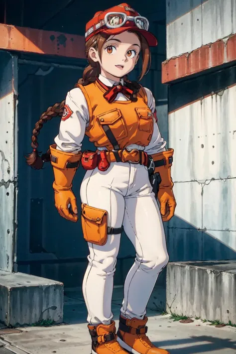 1girl,neneh,standing,facing viewer(in concrete hangar),((arms at sides))brown hair,happy,medium hair,braids,red baseball cap,goggles,uniform,gloves,orange vest,white pants,white shirt,((full body)),(masterpiece,best quality), <lora:Neneh-08:0.6>