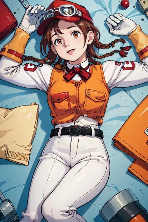 1girl,neneh,lying,on back,(on blanket,in concrete hangar),((arms at sides)),(from above,aerial shot),happy,medium hair,braids,red baseball cap,goggles,uniform,gloves,orange vest,white pants,white shirt,(masterpiece,best quality), <lora:Neneh-08:0.6>