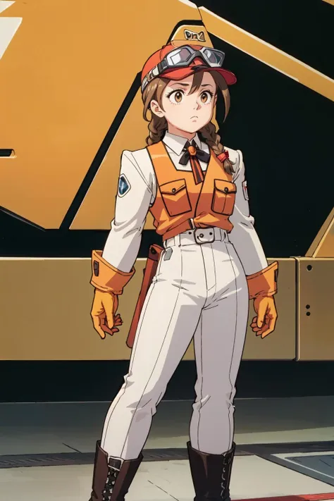 1girl,(solo),neneh, <lora:NenehV2:0.9>,standing,brown hair,red hat,visor cap,goggles on headwear,braid,multiple braids,orange vest,long sleeves,white pants,boots,orange gloves,sad,arms at sides,in metal hangar