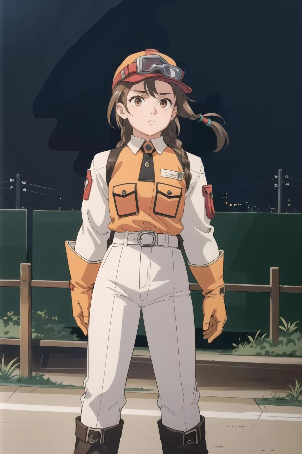 1girl,(solo),neneh, <lora:NenehV2:0.9>,standing,brown hair,red hat,visor cap,goggles on headwear,braid,multiple braids,orange vest,long sleeves,white pants,boots,orange gloves,sad,arms at sides,in desolate polluted field,outdoors,acid rain