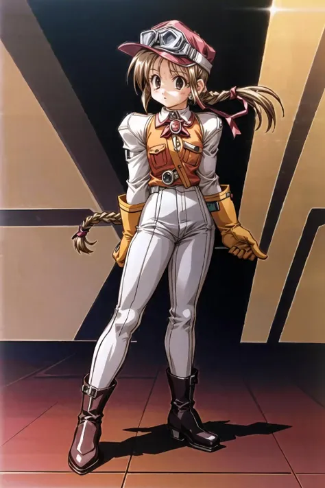 1girl,(solo),neneh, <lora:NenehV2:0.9>,standing,brown hair,red hat,visor cap,goggles on headwear,braid,multiple braids,orange vest,long sleeves,white pants,boots,orange gloves,sad,arms at sides,in metal hangar, <lora:add_detail:1.2>