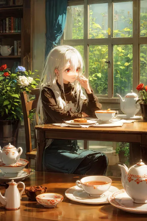masterpiece, best quality, extremely detailed, detailed background, detailed face, 1girl, cup, red eyes, long hair, solo, white hair, book, teacup, table, plate, flower, food, chair, sitting, indoors, holding, teapot, window, saucer, blue flower, rose, long sleeves, albino, cake, hair between eyes, plant, fruit, spoon, bangs, drinking glass, fork, tea, candle