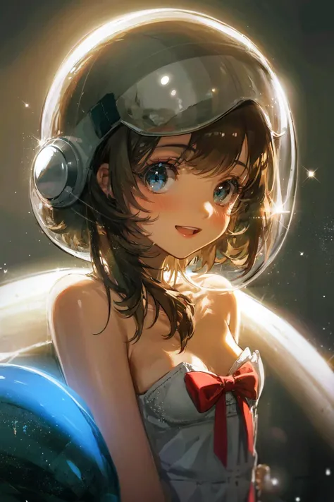 masterpiece, best quality, extremely detailed, detailed background, detailed face, 1girl, solo, open mouth, short hair, bow, black background, space helmet, looking at viewer, brown hair, bangs, red bow, upper body, blush, bare shoulders, dress, smile, strapless, helmet, shiny, glowing, overexposure, light particles, sunlight, sparkle,