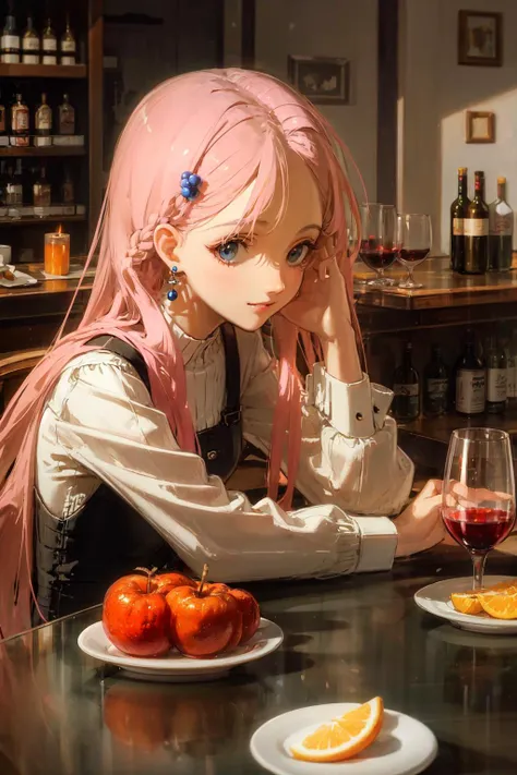 masterpiece, best quality, extremely detailed, detailed background, detailed face, 1girl, wine glass, wine bottle, wine, drinking glass, long hair, fruit, bottle, solo, cup, food, alcohol, grapes, head rest, candle, apple, pink hair, indoors, earrings, blue eyes, hair ornament, jewelry, table, sitting, white hair, grey eyes, bar (place)