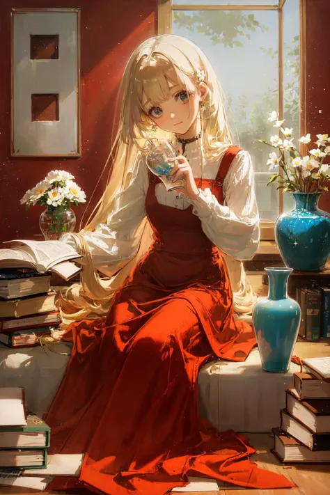 1girl, solo, flower, long hair, looking at viewer, white flower, sitting, red background, book, vase, long sleeves, bottle, blonde hair, bangs, holding, head tilt, red dress, dress, shiny, glowing, overexposure, light particles, sunlight, sparkle,