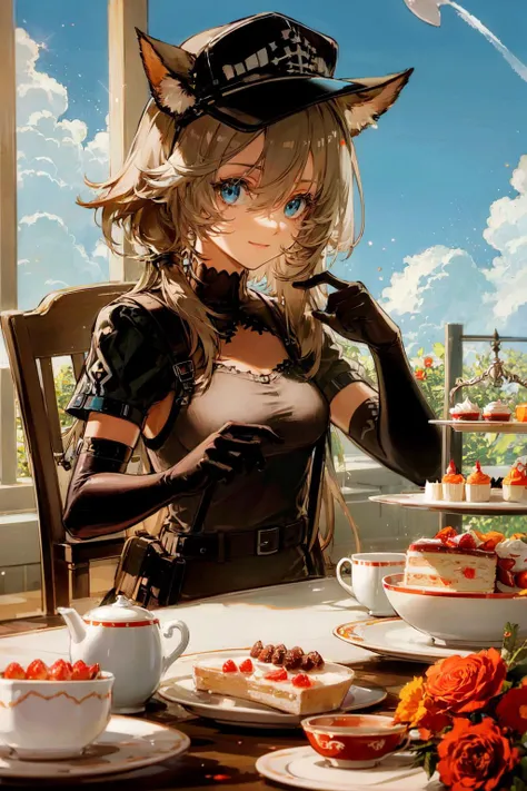 masterpiece, best quality, extremely detailed, detailed background, detailed face, 1girl, solo, blue eyes, animal ears, red headwear, red gloves, table, cup, tiered tray, flower, sitting, long hair, gloves, outdoors, sky, teacup, feather boa, food, cake, looking at viewer, infection monitor (arknights), black dress, dress, cat ears, blue sky, ears through headwear, belt, smile, cupcake, cake slice, chair, bug, hair between eyes, teapot, day, butterfly, elbow gloves, holding, hat, red flower, cloud, brown hair, rose, shiny, glowing, overexposure, light particles, sunlight, sparkle,
