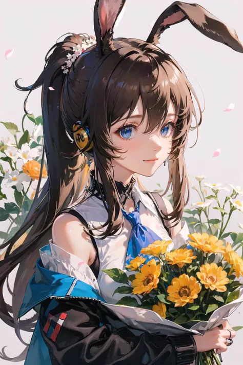 masterpiece, best quality, extremely detailed, detailed background, detailed face, 1girl, amiya (arknights), solo, animal ears, rabbit ears, flower, headphones, blue eyes, brown hair, ring, jewelry, long hair, holding, jacket, looking at viewer, multiple rings, open clothes, white background, upper body, shirt, weibo logo, long sleeves, open jacket, blue ascot, bouquet, ascot, white flower, black jacket, blue collar, off shoulder, holding bouquet, bangs, orange flower, smile, hair between eyes, simple background, closed mouth, ponytail, red flower, sleeveless shirt, white shirt, hand up, sidelocks, pink flower, petals, sleeveless, blue choker, neck ring, rabbit girl, hair ornament<lora:peanuts128dim2-epoch-000008:0.5>