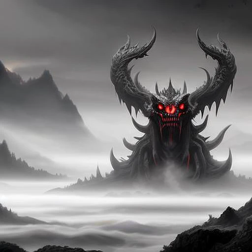 sdart, an eldritch abomination surrounded by fog, open mouth, big firefly like wings, low saturation gray scale, (high saturation red eyes)