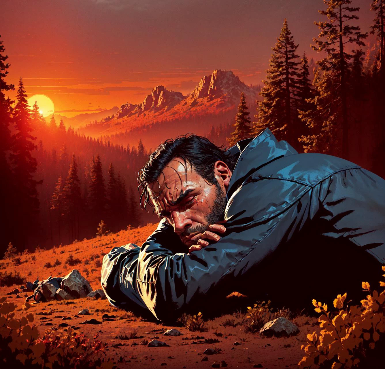 R3DD34Dstyle, digital portrait in profile, sad colors, arthur morgan, looking in the distance, (lying on the ground:1.2), (head resting on the rocks:1.2), in the high ground in mountains, very sad, crying, tears, dark blue sky, beautiful clouds, fog, early morning sunset, forest in the distance <lora:R3DD34Dstyle:0.7>