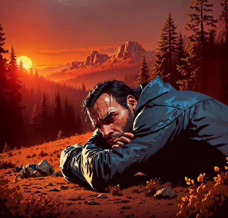 R3DD34Dstyle, digital portrait in profile, sad colors, arthur morgan, looking in the distance, (lying on the ground:1.2), (head resting on the rocks:1.2),  in the high ground in mountains, very sad, crying, tears, dark blue sky, beautiful clouds, fog, early morning sunset, forest in the distance <lora:R3DD34Dstyle:0.7>