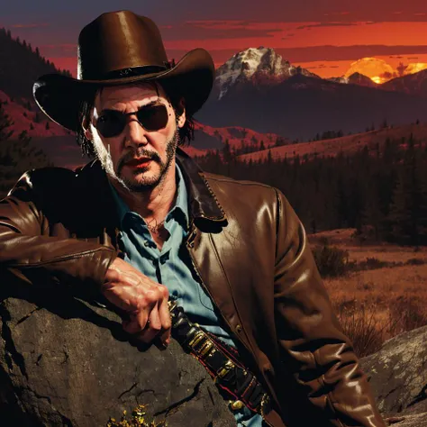 R3DD34Dstyle, <lora:R3DD34Dstyle:0.88>
(Keanu Reeves, sunglasses), old west scene, old west clothing,
laying on rocks in the high ground in mountains, very sad, cowboy hat, brown jacket, blue shirt, dark sky, early sunset, forest in the distance