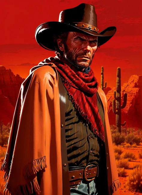 R3DD34Dstyle, digital painting, clint eastwood, cowboy hat, (bright brown poncho:1.3), in the desert, (red sky:1.3) <lora:R3DD34Dstyle:0.7>