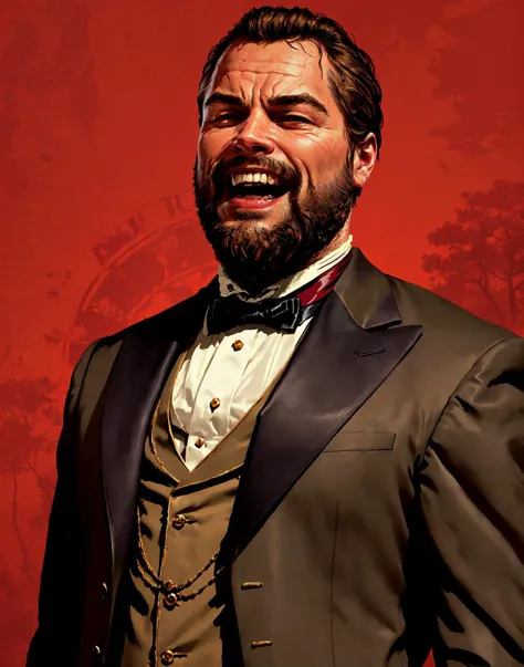 R3DD34Dstyle, digital portrait, leonardo dicaprio as 19 century rich slave holder, (big beard:1.2), laughing, 19 century brown suit, on plantation, red background <lora:R3DD34Dstyle:0.7>