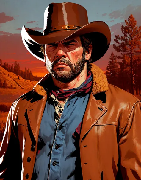 R3DD34Dstyle, digital portrait, arthur morgan, sad, cowboy hat, brown jacket, blue shirt, red sky, <lora:R3DD34Dstyle:0.7>