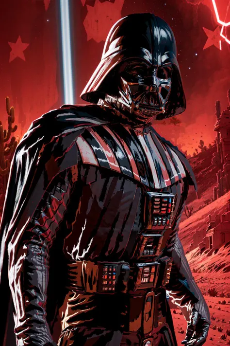 masterpiece,  desert, night, stars, vivid, best quality,  <lora:R3DD34Dstyle:1>, R3DD34Dstyle,  <lora:Darth_Vader-KK77-V1:1>. darth vader