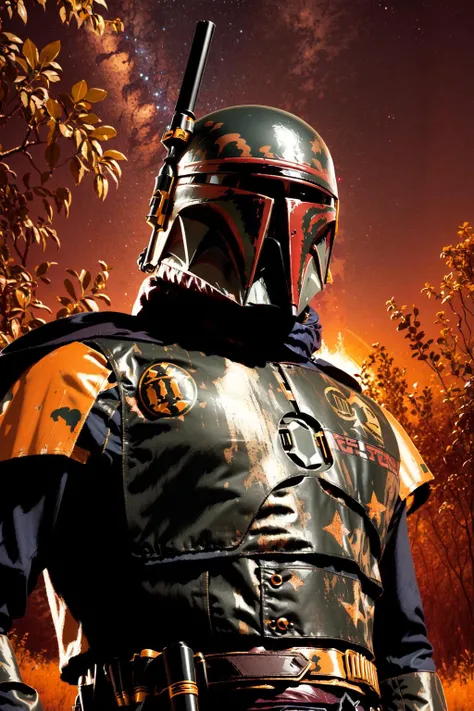 masterpiece, jungle, night, stars, vivid, best quality, <lora:R3DD34Dstyle:1>, R3DD34Dstyle, <lora:ARWbobafett:1>, boba fett