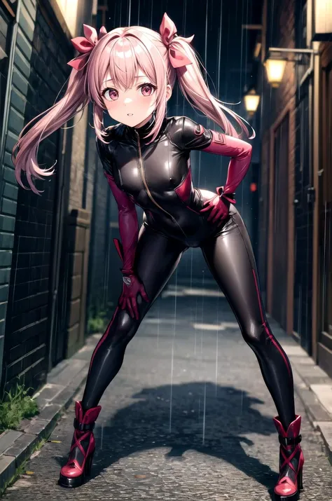 (masterpiece, best quality, detailed), 1girl, solo, looking at viewer, <lora:Madoka:0.9>, MadokaAi, pink hair, pink eyes, short hair, bangs, short twintails, flat chest, bow, ribbon, twintails, hair ribbon, hair bow, red ribbon, pink bow, bodysuit, bikesuit, black bodysuit, outdoors, <lora:alley:0.85>, alleyway, night, dark, (rain), hands on hips, full body, black gloves, boots, high heel boots, building, leaning forward, parted lips