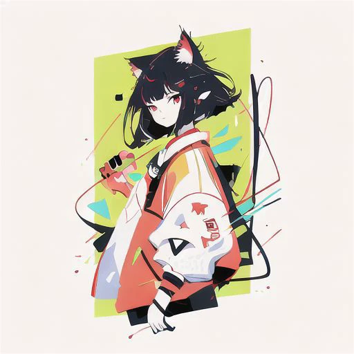 hair yelow red and white, red eye, cat eye neon, neon light, 4k, stand instagram pose, cute face, hair right side short. hand right on pocket, hand left grab drink. face camera pose, mesh hair on front, front hair yelow, side air green