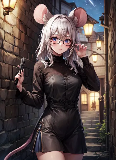 ((best quality)), ((highly detailed)), masterpiece, absurdres, detailed face, beautiful face, (detailed eyes, deep eyes), <lora:more_details:.6>, (1girl), (glasses), straight-on, cowboy shot, ((wide shot))<lora:aiomonstergirls_loraLocon:.4>, (mouse girl), mouse ears, mouse tail, outside, <lora:alley-wasabi:1>, alleyway, stone wall, lamp, dusk, shooting star