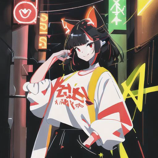 hair yelow red and white, red eye, cat eye neon, neon light, 4k, runing instagram pose, cute smile face, hair right side short. hand right on pocket, hand left grab drink. face camera pose, mesh hair on front, front hair yelow, side air green