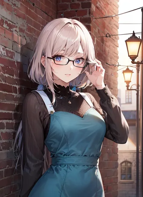 ((best quality)), ((highly detailed)), masterpiece, absurdres, extremely detailed face, beautiful face, (detailed eyes, deep eyes), (1girl), (glasses), from below, worm's-eye view, pantyshot, dynamic pose, upper body, ((cocktail dress)), girl, outside, <lora:alley-wasabi:1>, alley, brick wall, lamp, morning