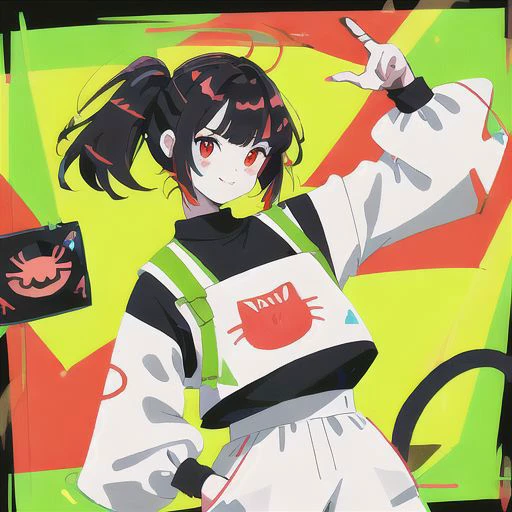 hair yelow red and white, red eye, cat eye neon, neon light, 4k, aestetic pose, cute smile face, hair right side short. hand right on pocket, hand left grab pistol. face camera pose, mesh hair on front, front hair yelow, side air green , cloth blazzer