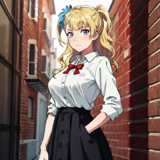 4k,8k,masterpiece,Galko,large breasts,blonde hair,looking at viewer,front view,face  focus,<lora:galko-lora-nochekaiser:0.9>,standing in front of an alleywall,brick,red brick,<lyco:alley-wasabi:1>,