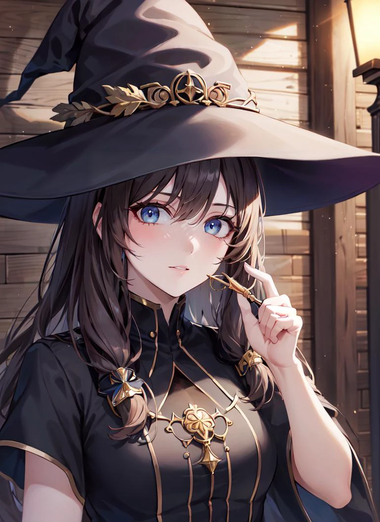 ((best quality)), ((highly detailed)), masterpiece, absurdres, extremely detailed face, beautiful face, (detailed eyes, deep eyes), (1girl), dynamic angle, dynamic pose, upper body, witch, witch hat, wand, outdoors, <lora:alley-wasabi:1>, alleyway, wood wall, lamp, dawn