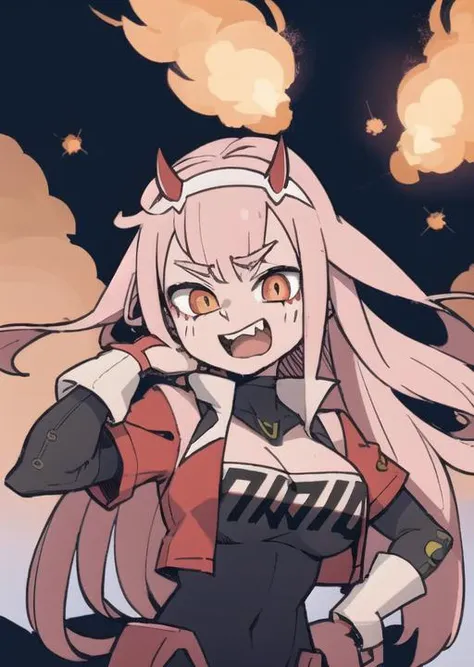 zero two \(darling in the franxx\), 1girl, solo, horns, long pink hair, expression chart, makeup,teeth, red body suit, skin tight, athletic, sci-fi, dystopian city, mecha in the distance, flat chest,fire, burning, embers, technology, depth, (Highest Quality, Amazing Details:1.25), cinematic lighting, unique, whole body in picture <lora:Helltaker:0.4> <lora:Masterpiace:0.1> <lora:02:0.8> <lora:EnvyCuteMix05:0.1> <lora:40_niji:0.2> <lora:nicole:0.8>