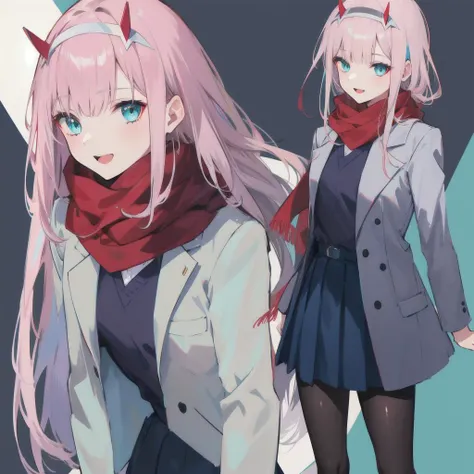 dal, (masterpiece, best quality:1.2), (absurdres, highres, ultra-detailed, vivid colors, perfect shadows, perfect lighting ), (perfect anatomy), (masterpiece), 1girl, light pink hair, full-body, red scarf, open light gray suit , cyan eyes, detailed face, detailed eyes, casual scholar unifrom, gray skirt, black suit, hair accessories, accessories, smile,open mouth, long hair, <lora:GoodHands-beta2:1.0> <lora:zerotwo_offset:1> zero two