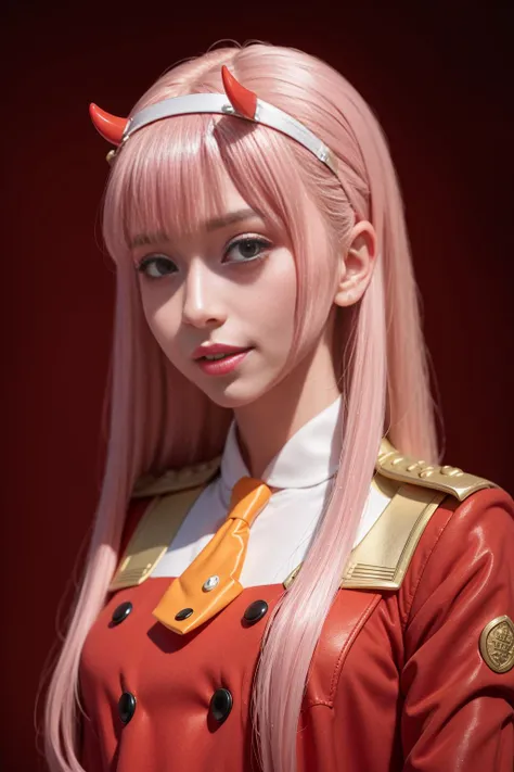 ultra realistic 8k cg, masterpiece, ((ultra detailed background, delicate pattern, intricate detail)), (highly detailed, fine details), best quality, 1girl, (photorealistic:1.4),beautiful lighting, absurdres, RAW photo, film grain, zero two \(darling in the franxx\), darling in the franxx, 1girl, ascot, bangs, green eyes, hairband, horns, long hair, long sleeves, looking at viewer, red jacket, closed jacket, military uniform, oni horns, orange ascot, pink hair, red horns, simple background, smile, solo, standing, uniform, white hairband, ((full body)),
<lora:zeroTwoDARLINGInThe_offset:1>, ulzzang-6500-v1.1, pureerosface_v1