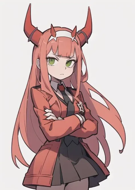 zero two \(darling in the franxx\), darling in the franxx, 1girl, bangs, black eyeliner, blunt bangs, character name, closed mouth, coat, cowboy shot, crossed arms, dress, green eyes, hairband, horns, long hair, looking at viewer, military, military uniform, necktie, oni horns, orange necktie, pink hair, red background, red dress, red horns, simple background, solo, standing, straight-on, uniform, white coat, white hairband <lora:EnvyCuteMix05:0.4> <lora:Helltaker:0.3> <lora:40_niji:0.4> <lora:Masterpiace:0.1>
