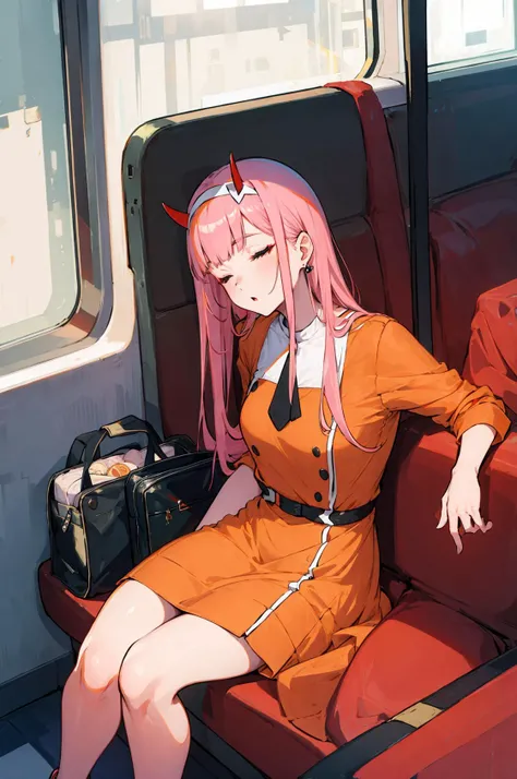 (masterpiece:1.4),((masterpiece,best quality)),(cinematic lighting), (hyper-detailed:1.2),
zero two, darling in the franxx, 1girl, solo, bangs, blunt bangs,hairband, horns, long hair, small breasts, necktie, oni horns, two horns, orange necktie, pink hair, red horns, slim legs,(casual dress:1.4),white hairband,full body, wear high heels,detailed shoes,short skirt, long ear rings,carrying hand bag, (hands on top of legs),
on bus, sitting by window side, window seat, sleeping on bus seat, (sleeping), eye closed, <lora:zeroTwoDARLINGInThe_offset:0.9>,
