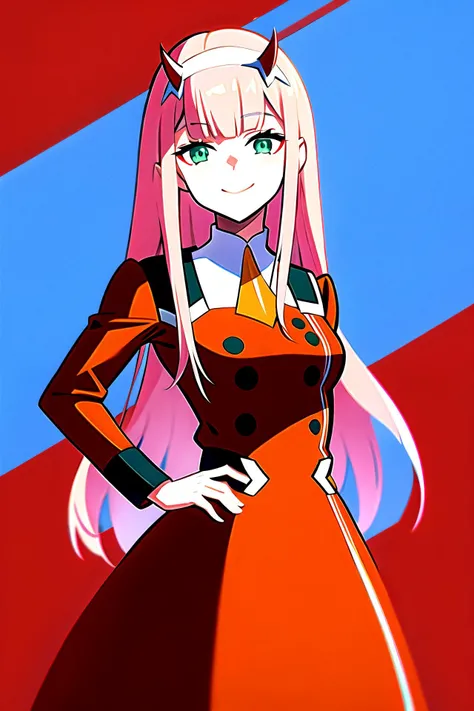 zero two \(darling in the franxx\), darling in the franxx, 1girl, ascot, bangs, blue background, green eyes, hairband, horns, long hair, long sleeves, looking at viewer, red jacket, closed jacket, military uniform, oni horns, orange ascot, pink hair, red horns, simple background, smile, solo, standing, uniform, white hairband, ((masterpiece)), <lora:zerotwo_offset:1><lora:add_detail:0.4>